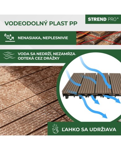 Sada terasových dosiek s WPC efektom dreva, palubovka, PP, 31x31x2, plast, farba hnedá a sivá, bal. 9ks