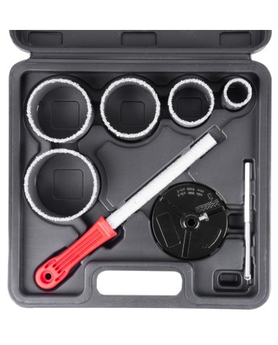 Sada vyrezávačov s unášačom HT01-6008, 33-53-67-73-83 mm, diamantové korunky s pilníkom