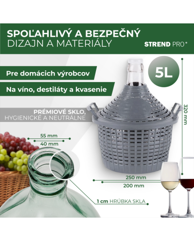 Demižón Strend Pro Cada Inco, 5 lit. sklenený, demižón na víno a pálenku, plastový kryt