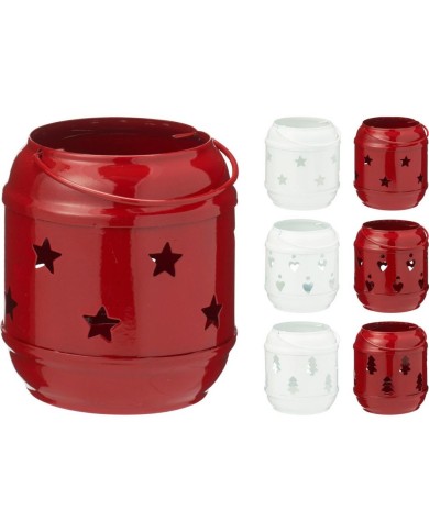 Lampáš svietnik na čajovú sviečku 11x9x13 cm kov/sklo červený/biely mix