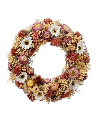 Veniec jarný závesný 32 cm slamienky krém/ružový kvet prírodný