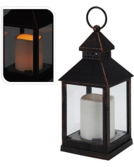 Lampáš svietnik s LED sviečkou 10x10x23,5 cm plast/sklo medený efekt