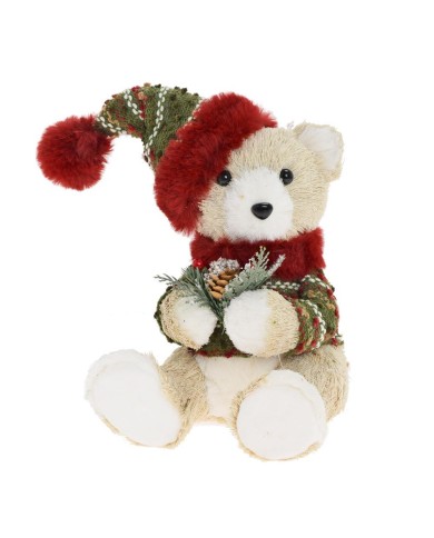 Postavička medveď v svetri s čiapkou 27 cm textil