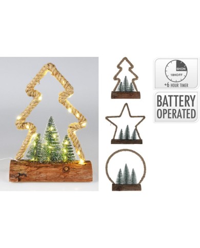 Dekorácia juta+stromčeky na pníku 30 LED stromček/hviezda/kruh mix