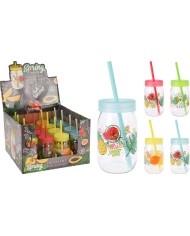 Pohár na vodu 370 ml s viečkom a slamkou sklo mix