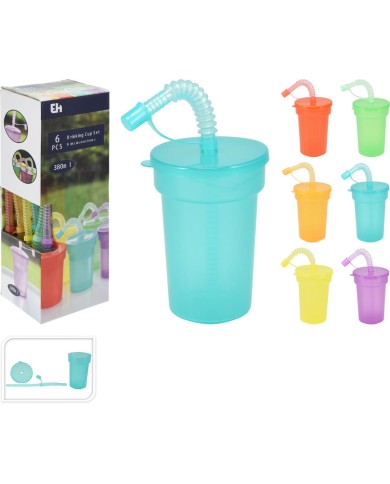 Pohár na vodu 380 ml so slamkou plast balenie 6 ks mix