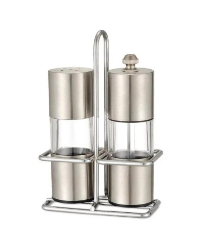 Mlynček na korenie a soľnička + stojan, sada 3 ks
