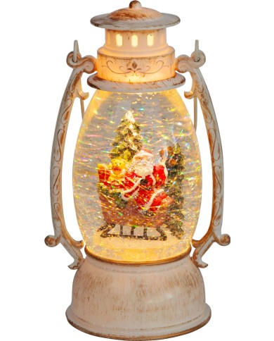 Lampáš MagicHome Vianoce Retro, LED teplá biela, so santom na saniach, s trblietkami, biely, 3xAA, plast, 13x11x24 cm