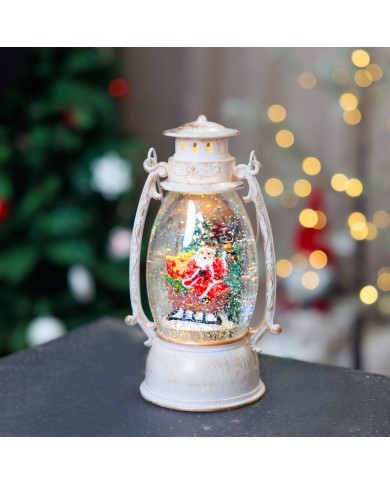 Lampáš MagicHome Vianoce Retro, LED teplá biela, so santom na saniach, s trblietkami, biely, 3xAA, plast, 13x11x24 cm