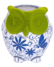 Dekorácia MagicHome, Sova s kvetináčom, modrý ornament, keramika, 26,5x24x27,5 cm