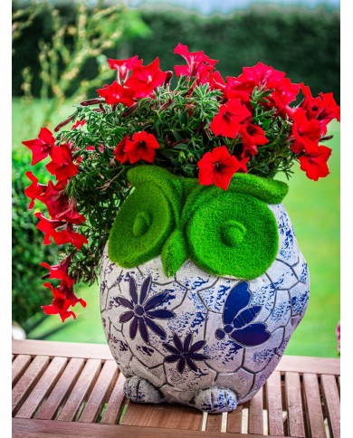 Dekorácia MagicHome, Sova s kvetináčom, modrý ornament, keramika, 26,5x24x27,5 cm