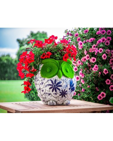 Dekorácia MagicHome, Sova s kvetináčom, modrý ornament, keramika, 26,5x24x27,5 cm