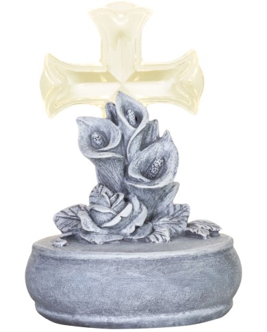 Dekorácia MagicHome, Kríž s kvetmi, LED, polyresin, na hrob, solar, 12x12x17 cm