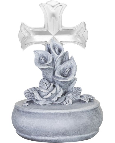 Dekorácia MagicHome, Kríž s kvetmi, LED, polyresin, na hrob, solar, 12x12x17 cm