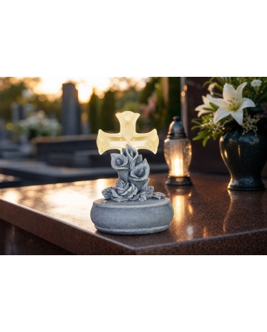 Dekorácia MagicHome, Kríž s kvetmi, LED, polyresin, na hrob, solar, 12x12x17 cm