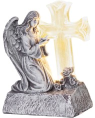 Dekorácia MagicHome, Anjel s holubicou pri kríži, LED, polyresin, na hrob, solar, 12x8x16,5 cm