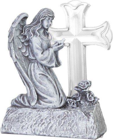Dekorácia MagicHome, Anjel s holubicou pri kríži, LED, polyresin, na hrob, solar, 12x8x16,5 cm
