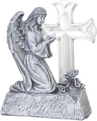 Dekorácia MagicHome, Anjel s holubicou pri kríži, LED, polyresin, na hrob, solar, 12x8x16,5 cm