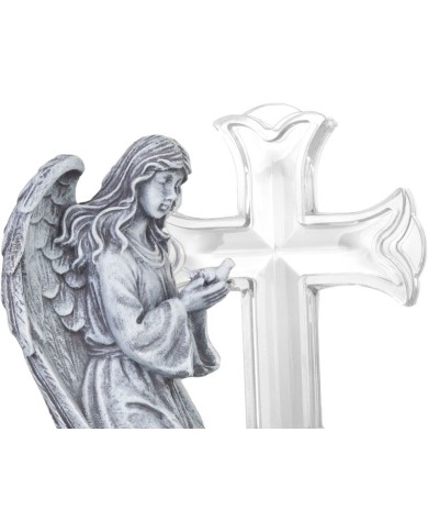 Dekorácia MagicHome, Anjel s holubicou pri kríži, LED, polyresin, na hrob, solar, 12x8x16,5 cm