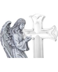 Dekorácia MagicHome, Anjel s holubicou pri kríži, LED, polyresin, na hrob, solar, 12x8x16,5 cm