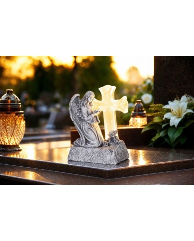Dekorácia MagicHome, Anjel s holubicou pri kríži, LED, polyresin, na hrob, solar, 12x8x16,5 cm