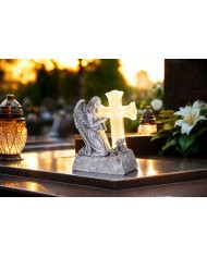 Dekorácia MagicHome, Anjel s holubicou pri kríži, LED, polyresin, na hrob, solar, 12x8x16,5 cm