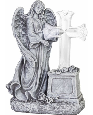 Dekorácia MagicHome, Anjel s krížom, LED, polyresin, na hrob, solar, 16x10x23 cm