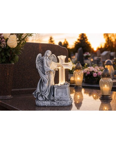 Dekorácia MagicHome, Anjel s krížom, LED, polyresin, na hrob, solar, 16x10x23 cm