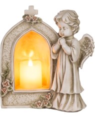 Dekorácia MagicHome, Anjel modliaci sa pri sviečke, LED, polyresin, na hrob, 19,5x11,5x26 cm