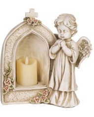 Dekorácia MagicHome, Anjel modliaci sa pri sviečke, LED, polyresin, na hrob, 19,5x11,5x26 cm