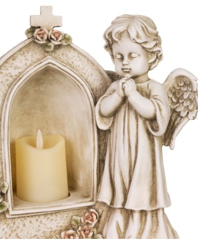Dekorácia MagicHome, Anjel modliaci sa pri sviečke, LED, polyresin, na hrob, 19,5x11,5x26 cm