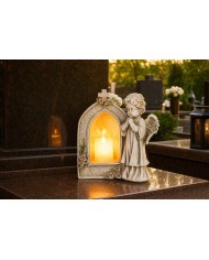 Dekorácia MagicHome, Anjel modliaci sa pri sviečke, LED, polyresin, na hrob, 19,5x11,5x26 cm