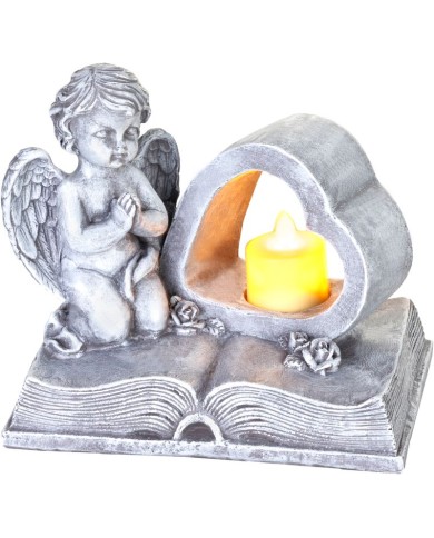 Dekorácia MagicHome, Anjel na knihe so srdcom, LED, polyresin, na hrob, 19x12,5x16,5 cm