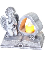 Dekorácia MagicHome, Anjel na knihe so srdcom, LED, polyresin, na hrob, 19x12,5x16,5 cm