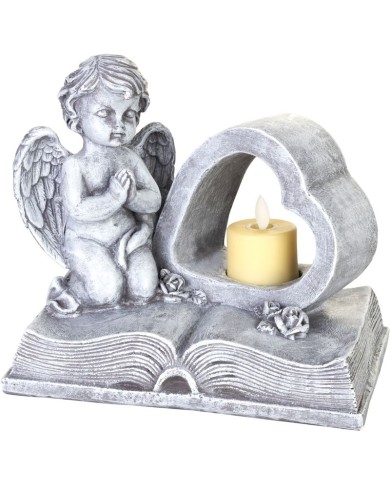 Dekorácia MagicHome, Anjel na knihe so srdcom, LED, polyresin, na hrob, 19x12,5x16,5 cm