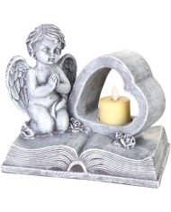 Dekorácia MagicHome, Anjel na knihe so srdcom, LED, polyresin, na hrob, 19x12,5x16,5 cm