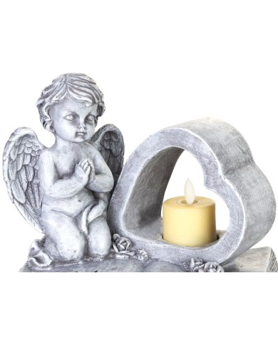 Dekorácia MagicHome, Anjel na knihe so srdcom, LED, polyresin, na hrob, 19x12,5x16,5 cm