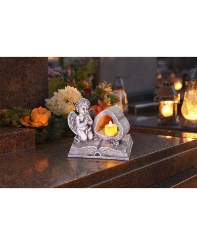 Dekorácia MagicHome, Anjel na knihe so srdcom, LED, polyresin, na hrob, 19x12,5x16,5 cm
