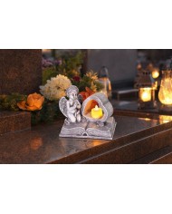Dekorácia MagicHome, Anjel na knihe so srdcom, LED, polyresin, na hrob, 19x12,5x16,5 cm