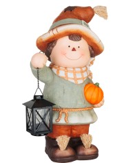 Dekorácia MagicHome Nature, Chlapec s tekvicou a lampášom, magnézia, 19,5x23,5x41 cm