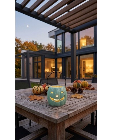 Dekorácia MagicHome Nature, tekvica LED, porcelánová, mentolová, 12,3x12,1x10 cm