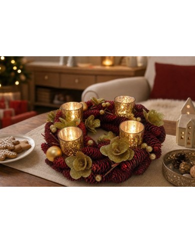 Veniec MagicHome Vianoce, adventný, červený, 37x37x9 cm