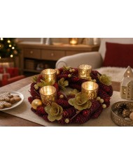 Veniec MagicHome Vianoce, adventný, červený, 37x37x9 cm