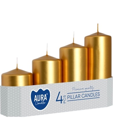Sviečky AURA, odstupňovaná, valec, zlatá metalíza, 50mm, 48/70/90/110/130mm, bal. 4ks