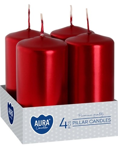 Sviečky AURA, valec, červená metalíza, 40x80mm, 9h, 80g, bal. 4ks