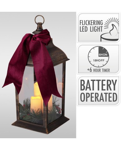 Lampáš svietnik s LED sviečkami 49 cm s časovačom plast/sklo medený efekt