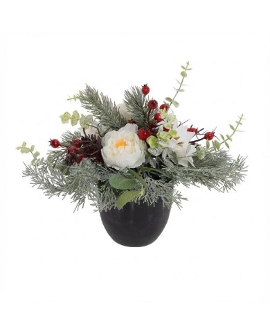 Dekorácia kvetináč pivónia + vianočná ruža 20 cm biela