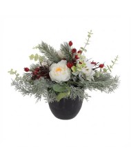 Dekorácia kvetináč pivónia + vianočná ruža 20 cm biela
