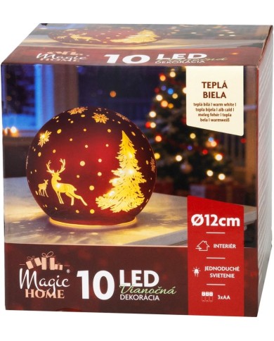 Guľa MagicHome Vianoce, sklo, červená, 10xLED teplá biela, 12x11 cm, 3xAA