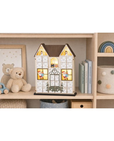 Dekorácia MagicHome Vianoce, Adventný kalendár Domček, drevený, 8xLED, teplá biela, 2xAAA, IP20, 26x7x32 cm